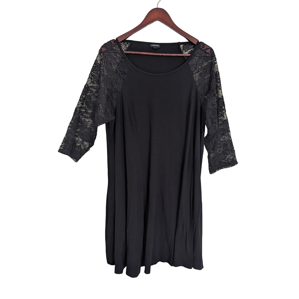 Torrid Plus Size 2 Black Mini Jersey Lace Sleeve Trapeze Dress Raglan 3/4 Sleeve